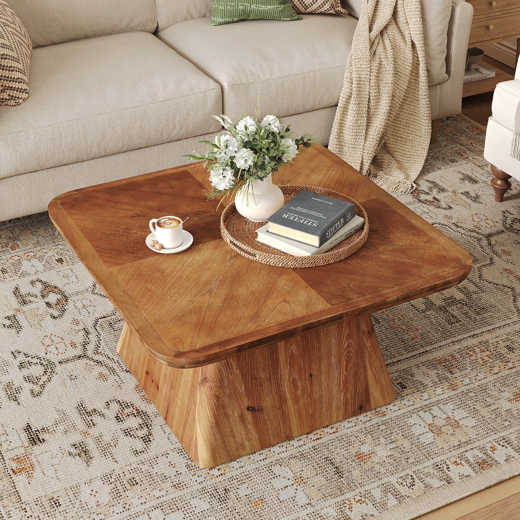 Solid Wood Square Coffee Table, Living Room Center Cocktail Accent Table