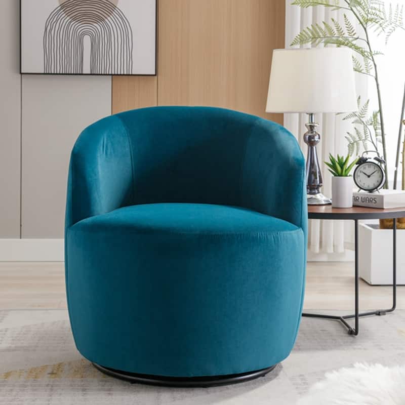 Velvet Fabric Swivel Accent Armchair Barrel Chair With Powder Coating Metal Ring - Teal