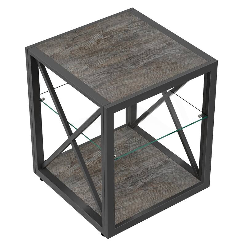 Anmytek Industrial 3 Tier Side Table with Glass Shelf Black Metal End Table for Living Room