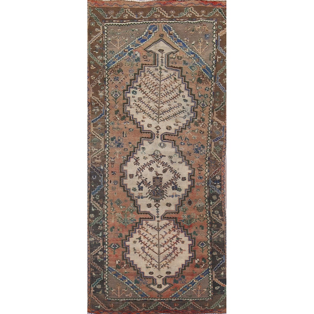 Geometric Orange Bakhtiari Persian Vintage Rug Hand-Knotted Wool Carpet - 4'9" x 9'10"