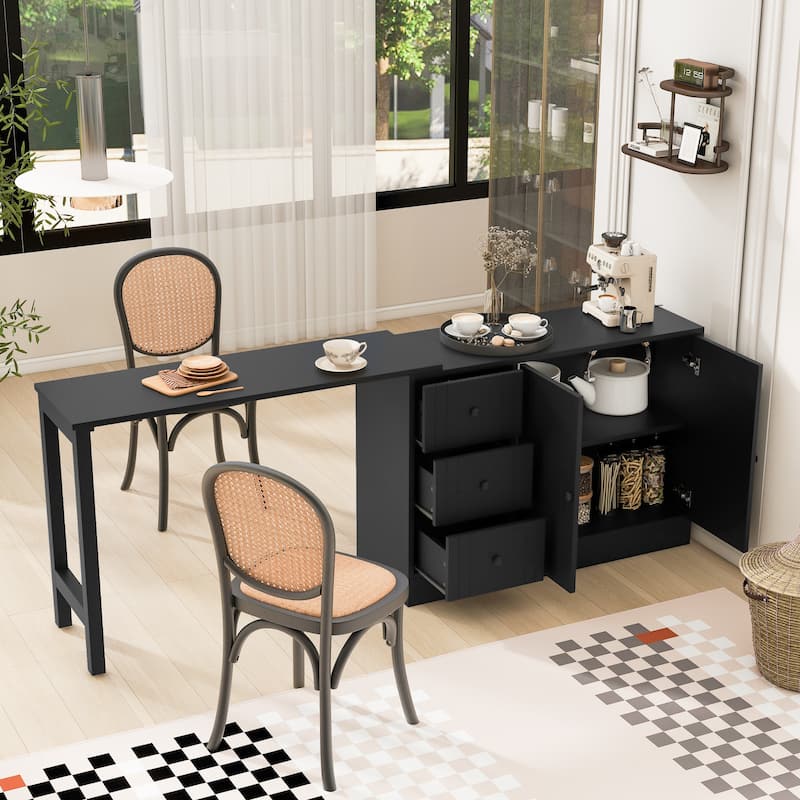 89.7" Wooden Sideboard with Extendable Table, 2 Doors & 3 Drawers Storage Cabinet for Living Room, Study, Kitchen - Black