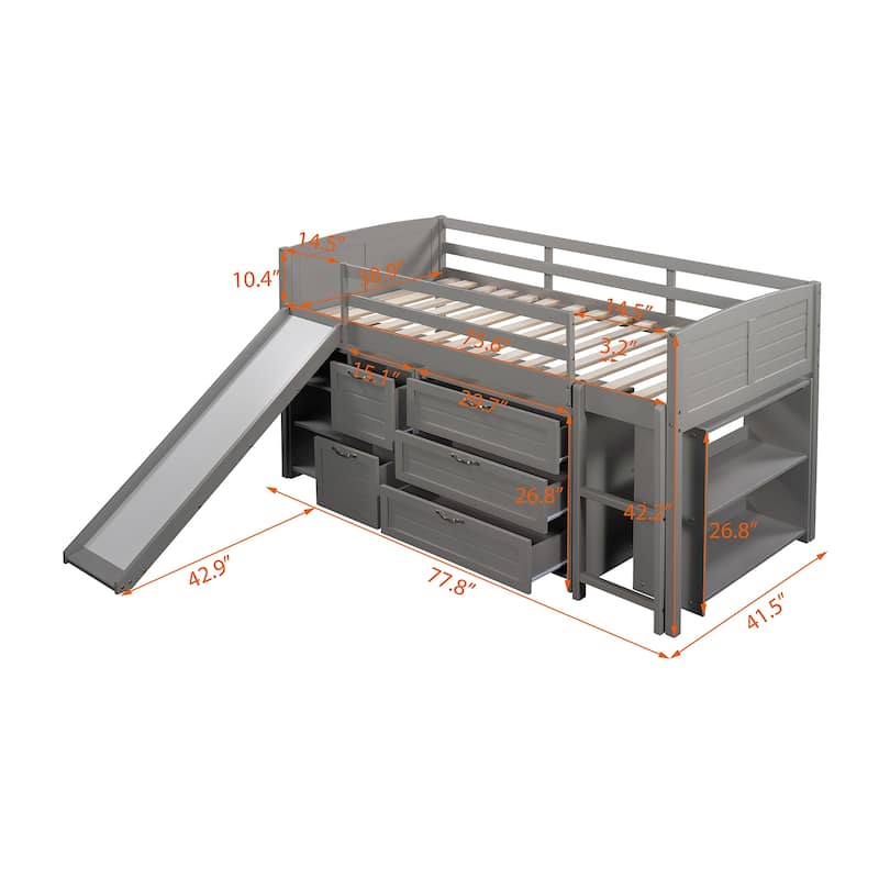 Low Twin Size Loft Bed with Cabinets, Shelves and Slide - Espresso