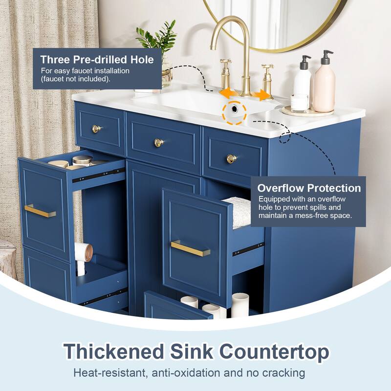 36" Bathroom Vanity with Ceramic Sink,Solid Wood Frame