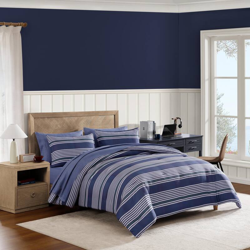 Tommy Hilfiger Lido Stripe Reversible Blue Comforter Bonus Set - Blue - Queen