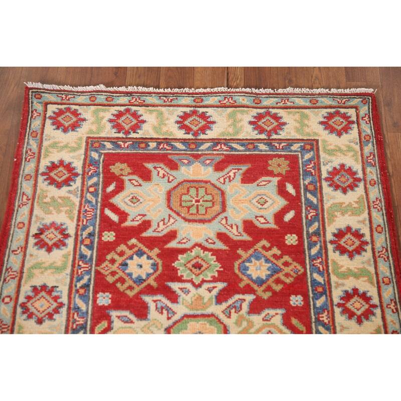 Kazak Accent Rug Hand-Knotted Red Geometric Wool Carpet - 2'9" x 4'1"