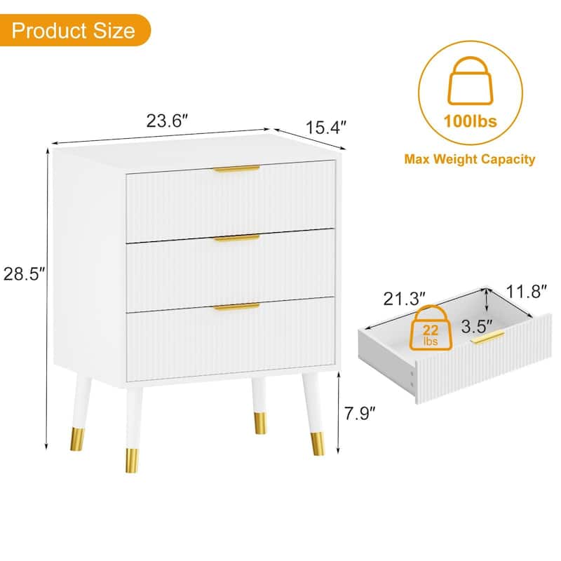 3 Drawer Dresser, Small Fluted Nightstand