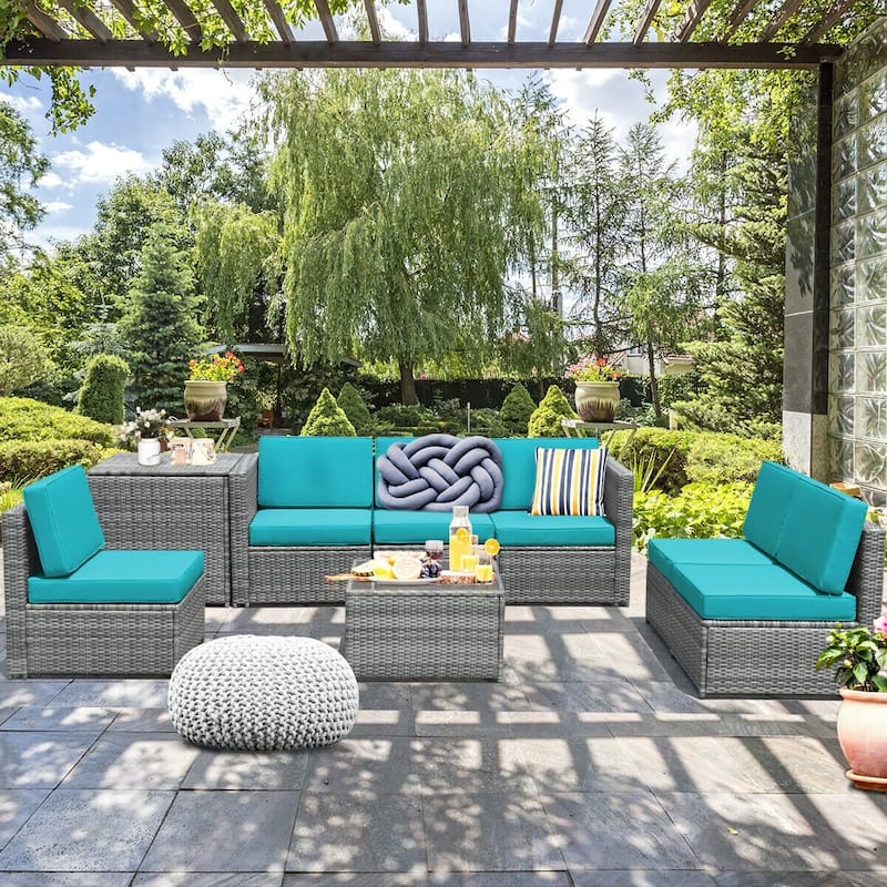 8 Piece Wicker Sofa Rattan Dinning Set Patio Furniture with Storage Table - 23" x 26" x 29.5"