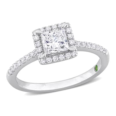Miadora 1ct TDW Princess-Cut Lab-Grown Diamond Tsavorite Accent Halo Engagement Ring 14k White Gold