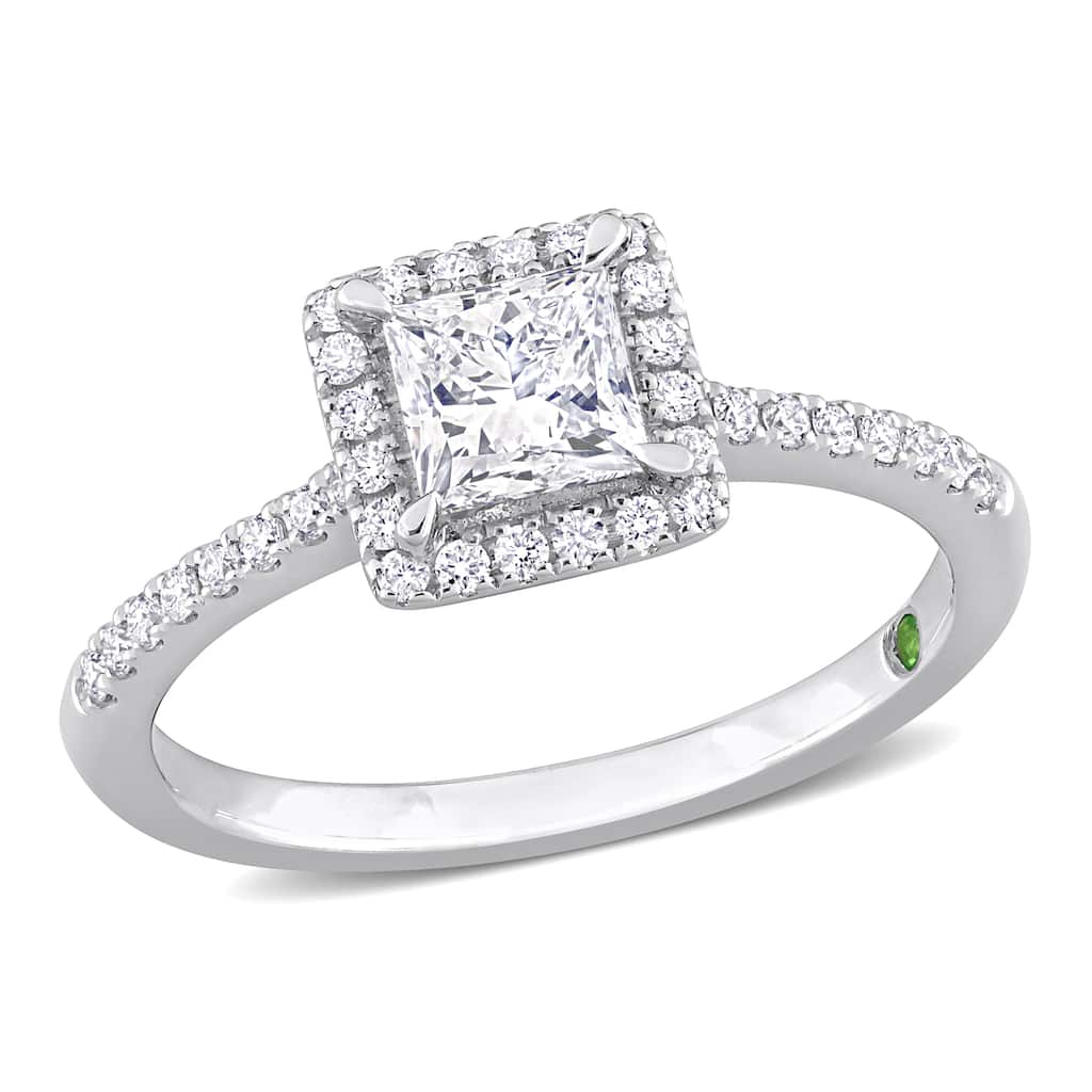 Miadora 1ct TDW Princess-Cut Lab-Grown Diamond Tsavorite Accent Halo Engagement Ring 14k White Gold