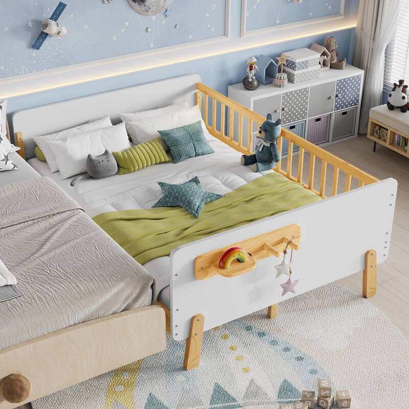 Kids Wood Platform Bed with Guardrails, Bottle Holder and 2 Hanging Rod, Convertible Toddler Daybed, Low Profile Design Frame - White - Full