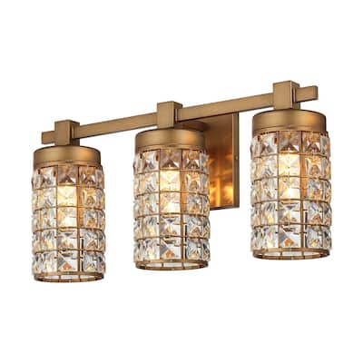 20 in. 3-Light Gold Wall Sconce with Crystal Cylinder Shade - N/A