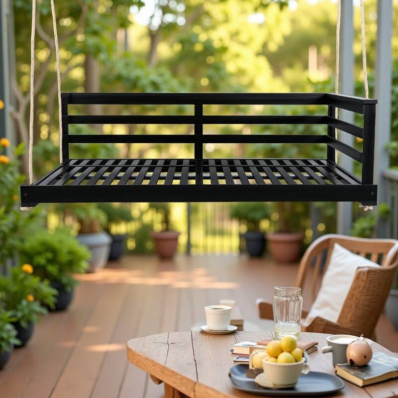 Acacia Wood Outdoor Porch Swings Daybed with 4 Hemp Ropes and Twin Size Frame - Black