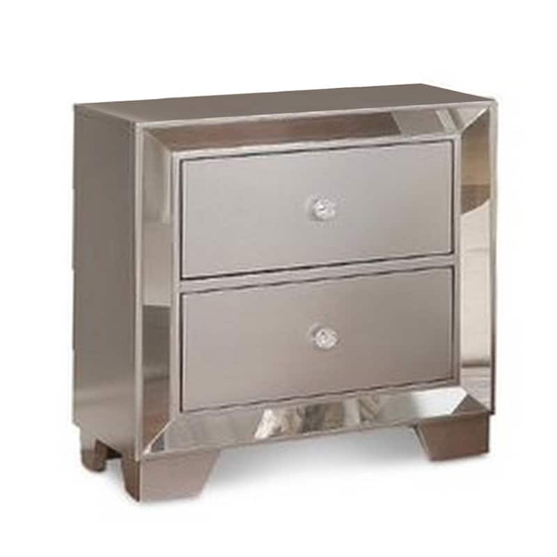 Eli 23 Inch Deluxe 2 Drawer Nightstand, Mirrored Trim, Wood Frame, Silver - Silver - 2-drawer