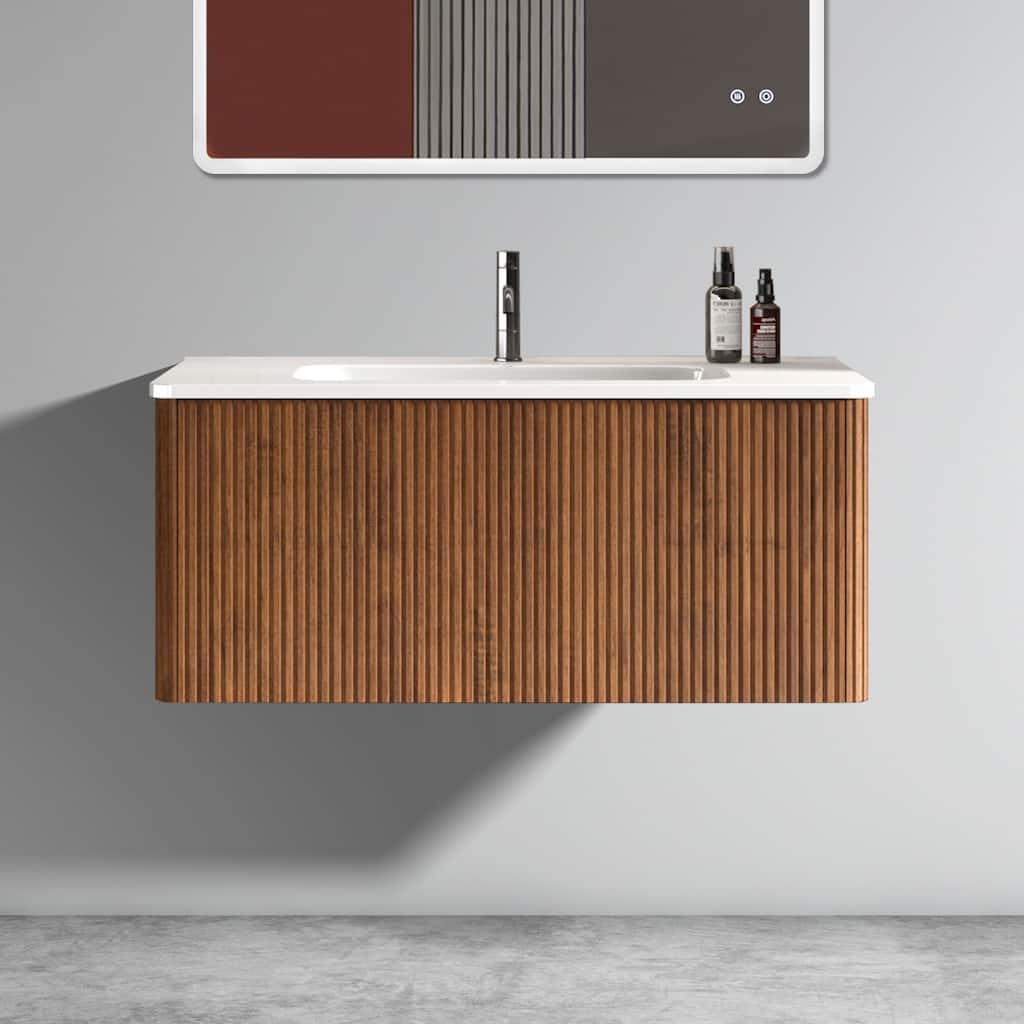 Etna 36" Striped Walnut Bathroom Vanity with White Ceramic Sink, Wall Mounted Floating Bathroom Vanity for Modern Bathroom, KD