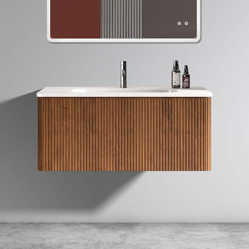 GDFStudio - Etna Floating Bathroom Vanity with Integrated Ceramic Sink, Modern Handle-Free Wall-Mounted Design, Pre-Assembled - White+walnut - 36"