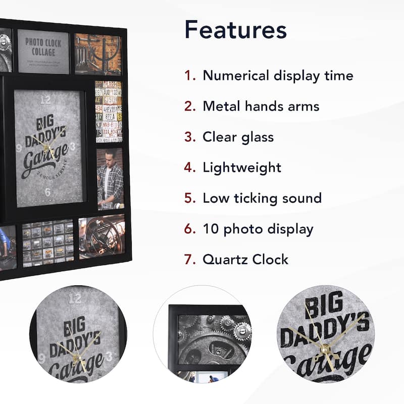 American Art Decor Picture Frame Collage Wall Clock 12 Photo Display Slots