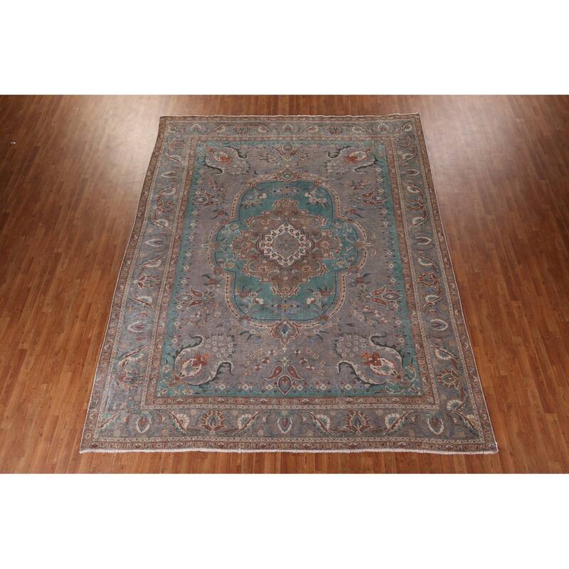 Gray Geometric Tabriz Persian Antique Area Rug Handmade Wool Carpet - 10'1" x 12'7"