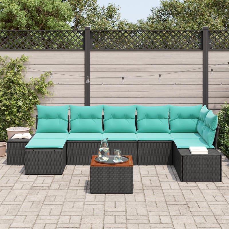 vidaXL 8 Piece Garden Sofa Set with Cushions Black Poly Rattan Acacia - 125.6×60.6×27.2