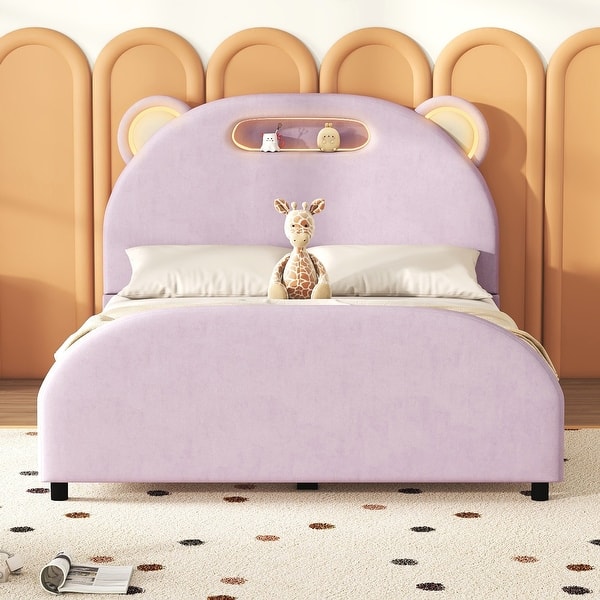 slide 2 of 12, Full Size Velvet Upholstered Platform Bed with Headboard & Embedded Light Stripe Pink