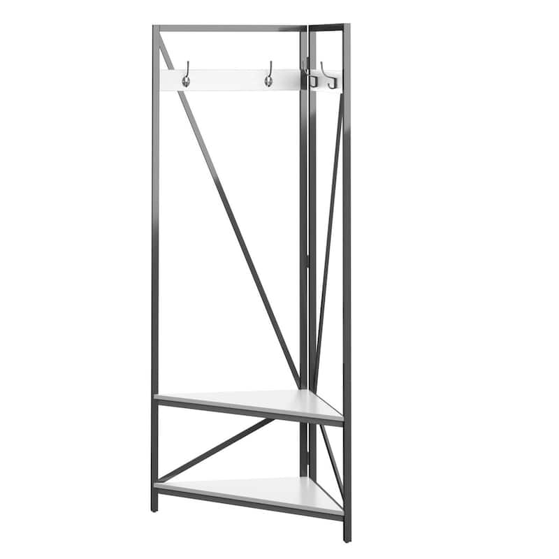Black-White Wood Hall Tree Coat Rack with Shoe Storage Bench and Shelves - 35'' W X 17.38'' D x 72'' H