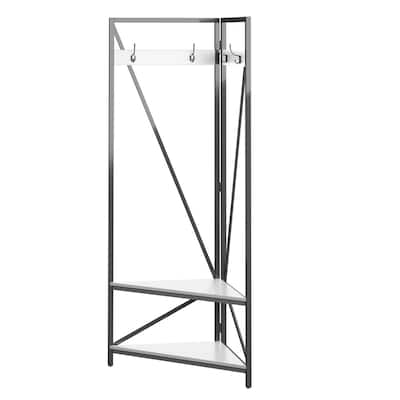 Black-White Wood Hall Tree Coat Rack with Shoe Storage Bench and Shelves - 35'' W X 17.38'' D x 72'' H
