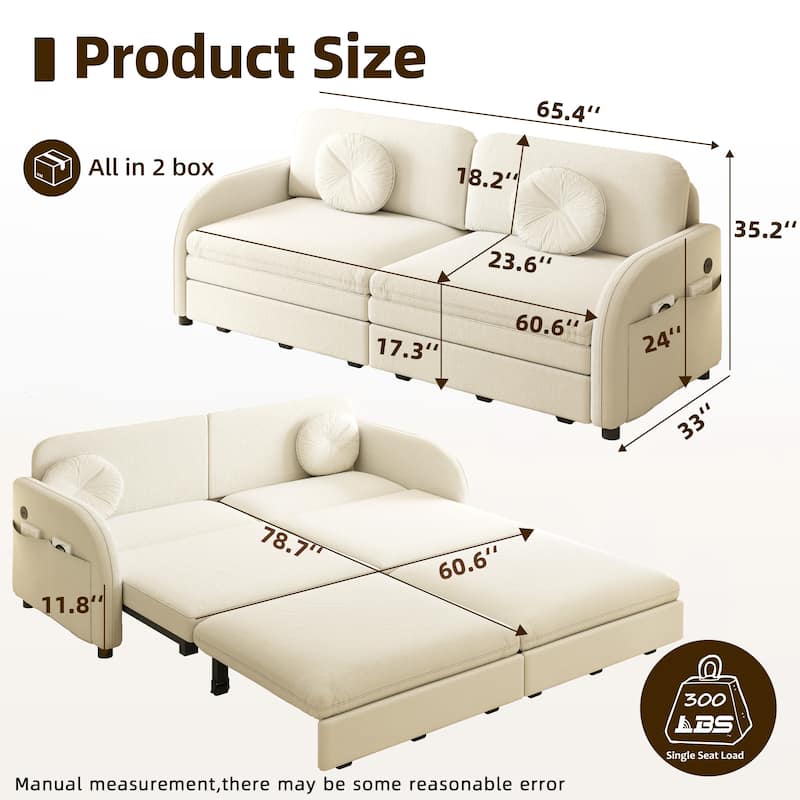 Homy Casa 3-in-1 Convertible Sleeper Sofa Bed, Pull-Out Couch w/ USB, Side Pocket & 4 Pillows, Chenille, 2/3/4-Seat