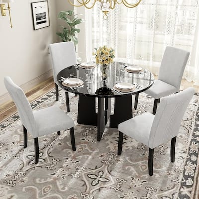 Modern Wooden 5-piece Round Dining Set with 4 Upholstered Chairs for Dining Room