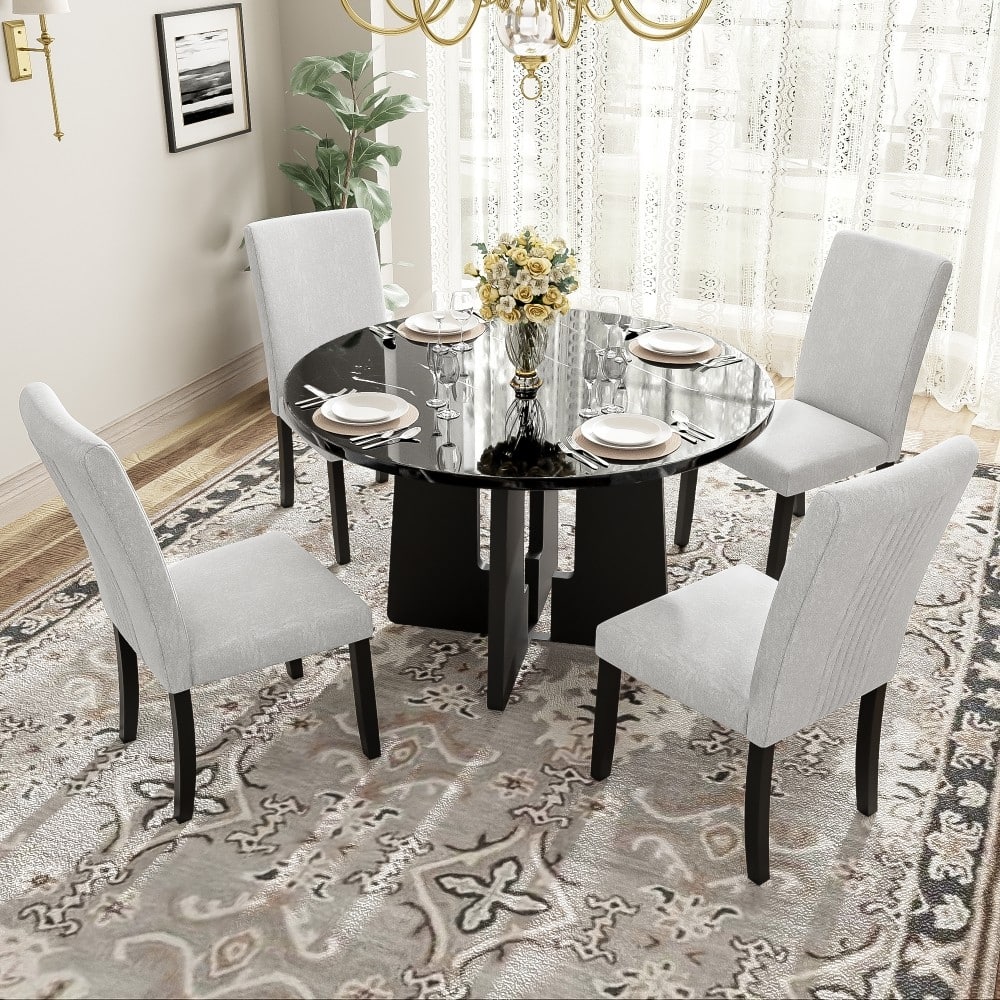 Modern Wooden 5-piece Round Dining Set with 4 Upholstered Chairs for Dining Room