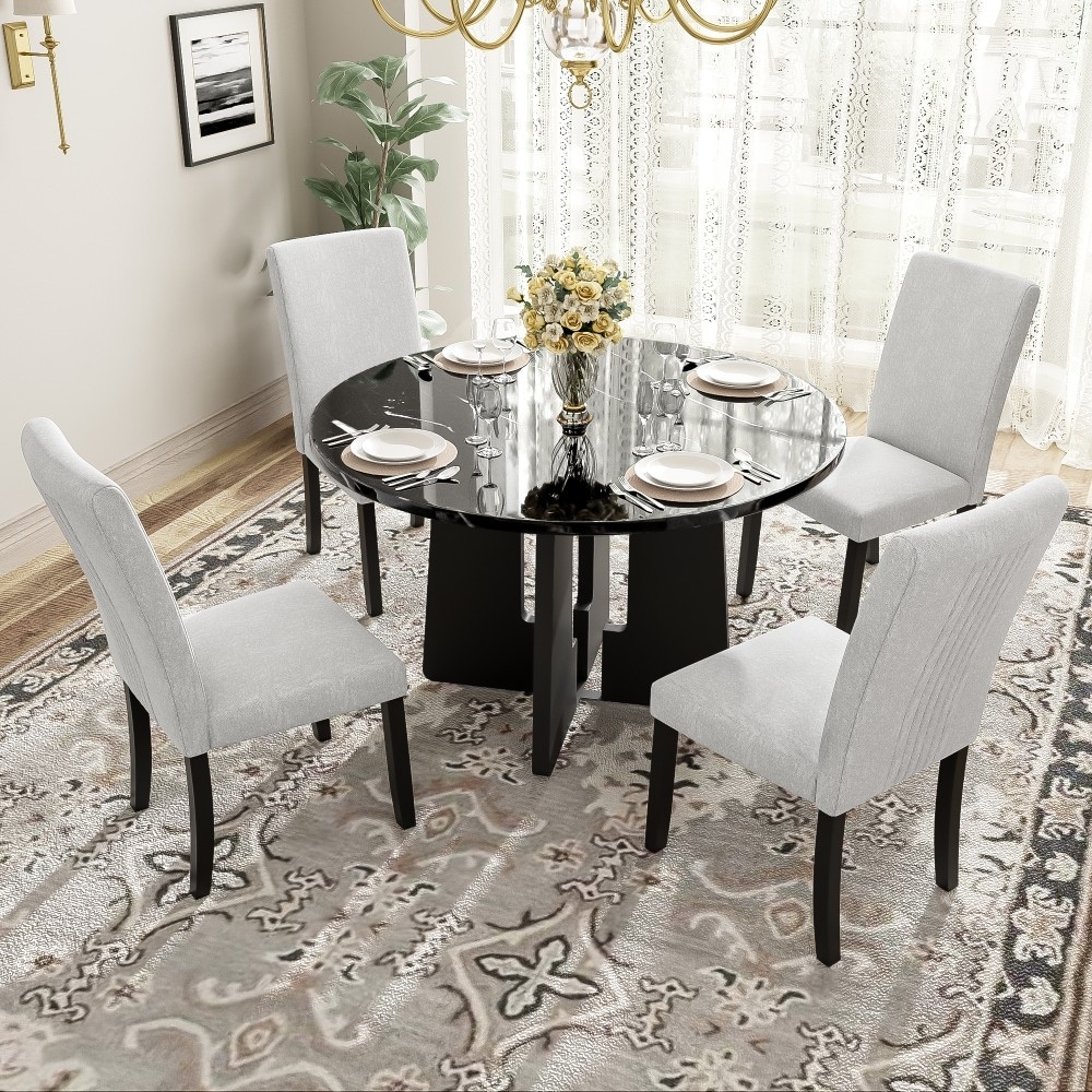 Modern Wooden 5-piece Round Dining Set with 4 Upholstered Chairs for Dining Room