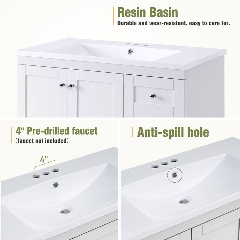 36" Free-Standing Bathroom Vanity with Sink, 4 Drawers and 2 Soft-close doors