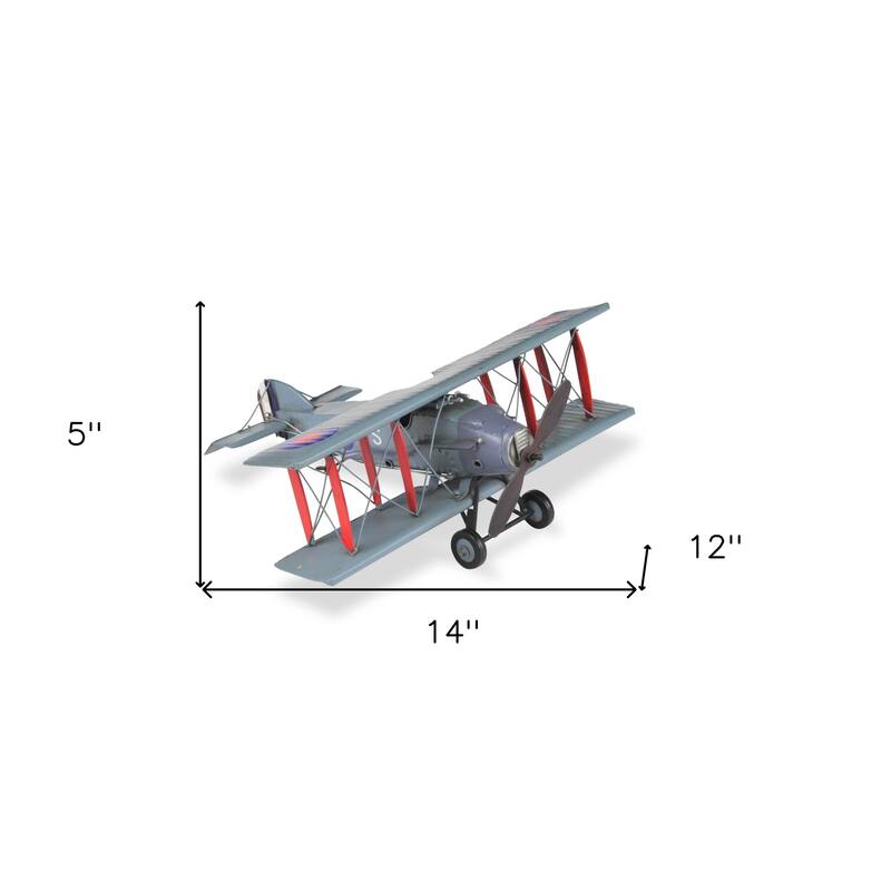 HomeRoots 5" Red and Gray Metal Hand Painted 1916 Gray Bristol F28 Fighter Plane Model Airplane - 14' X '5' X '12