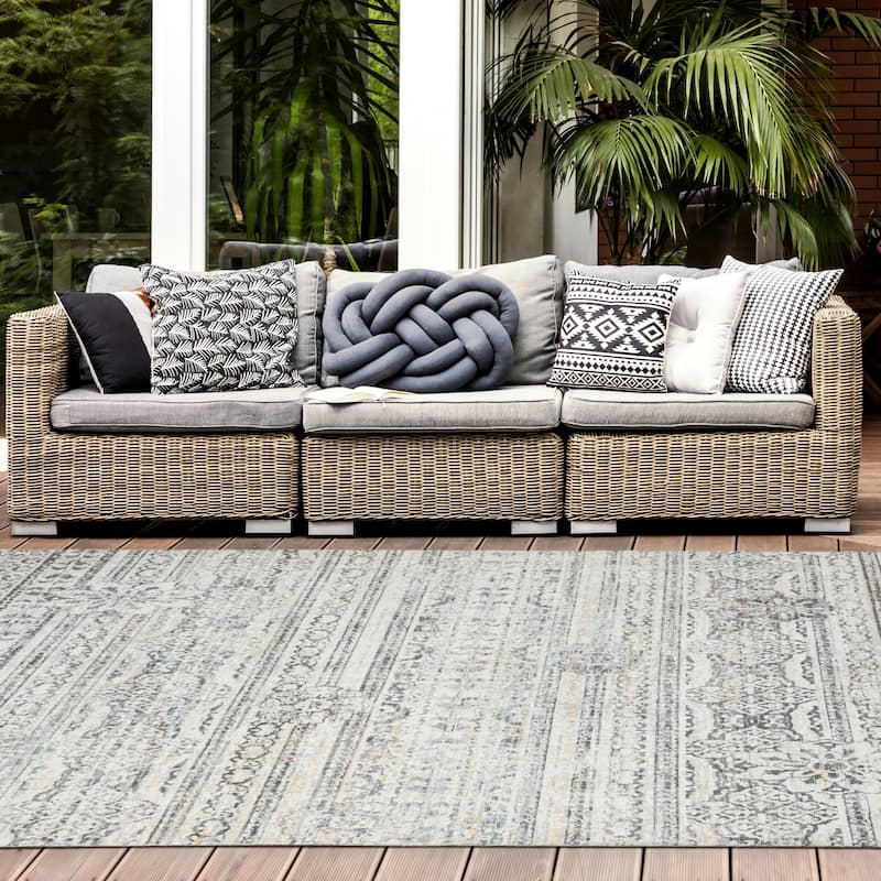 N Natori 24-Seven Outdoor/Indoor Ivory/Light Blue Area Rug
