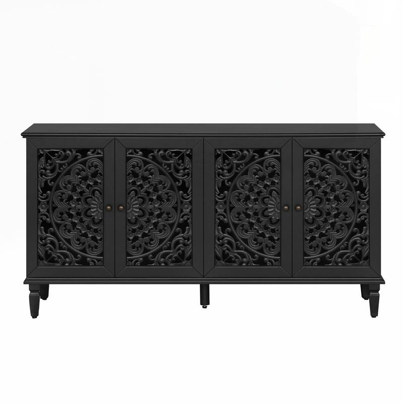 Carved Flower Door Large Storage Cabinet With Metal Handle