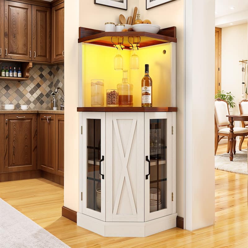 Moasis Industrial Corner Bar Cabinet with LED Lights and Glass Holder