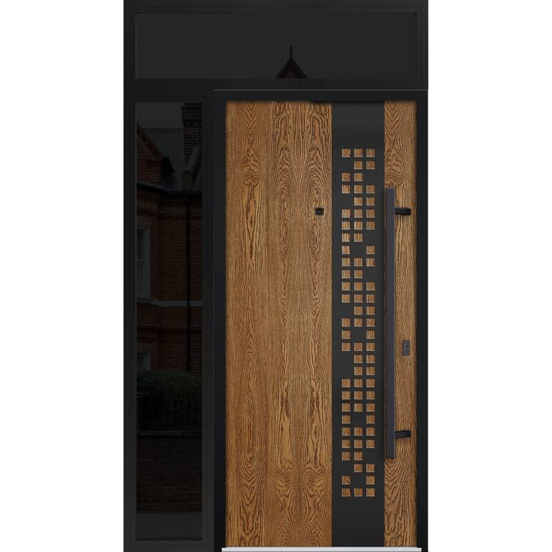 Exterior Prehung Steel Entry Door Ronex 0131 Grey 2 Sidelites Top Window Stainless Steel Inserts 16+36+16x96 Left Hand - Beige - 50" x 96"