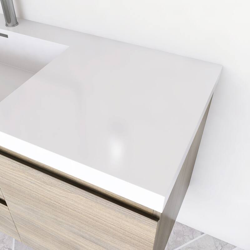 Modern Wall-Mounted Bathroom Vanity with White Solid Surface Top