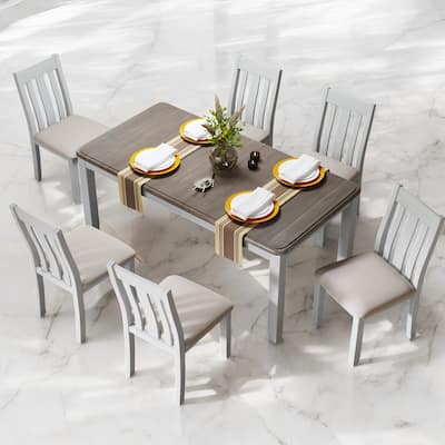 7-Piece Retro Extendable Dining Table Set with 6 Upholstered Chairs - Solid Wood & Distressed Finish for Dining Room and Kitchen