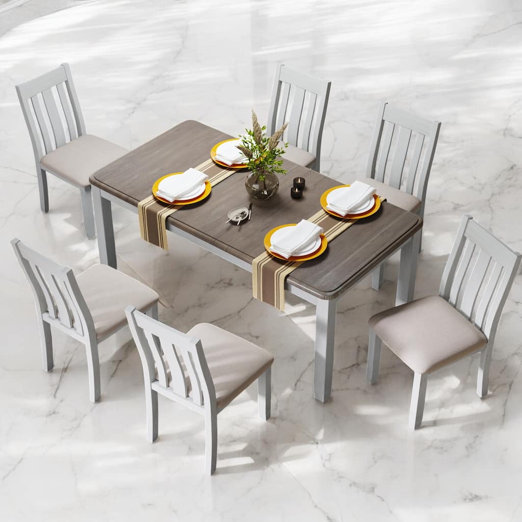 7-Piece Retro Extendable Dining Table Set with 6 Upholstered Chairs - Solid Wood & Distressed Finish for Dining Room and Kitchen