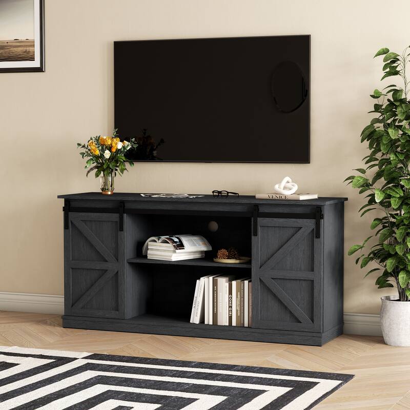 Farmhouse TV Stand for up to 60" with Sliding Barn Door - Grey Wash