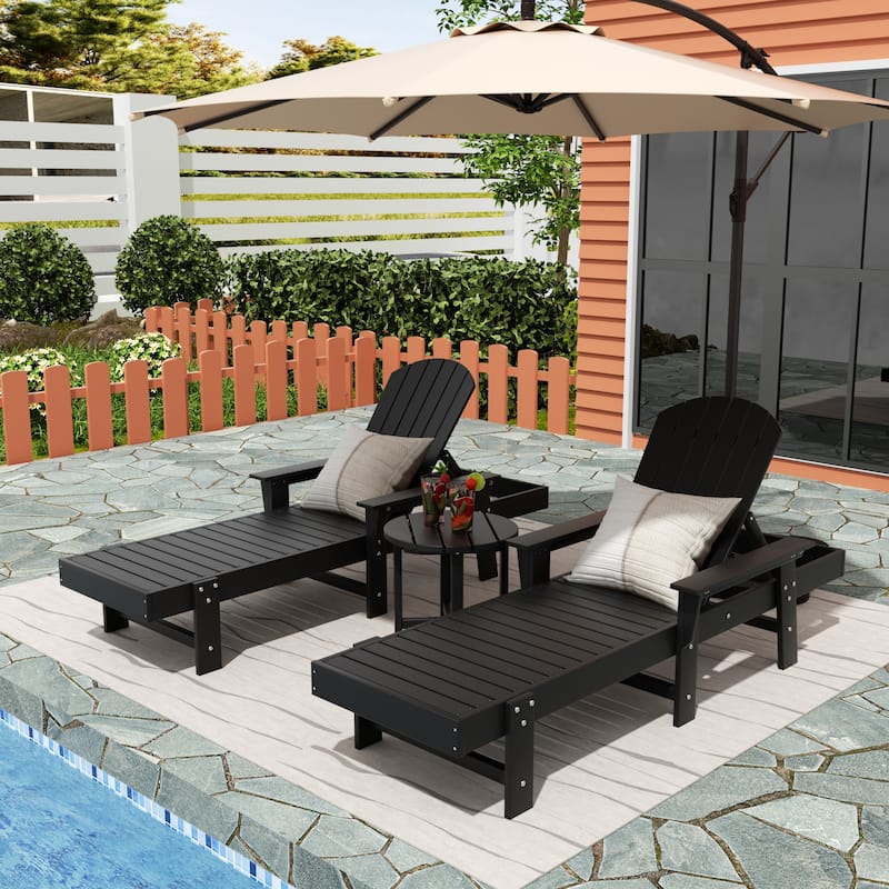 Polytrends Altura Poly Eco-Friendly All Weather Reclining Chaise Lounge with Arms & Side Table (3 Piece Set) - Black