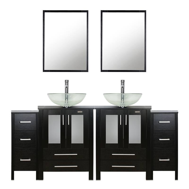 72" Bathroom Vanity Set Vessel Sink Cabinet Mirror Combo - Black - clear round sink