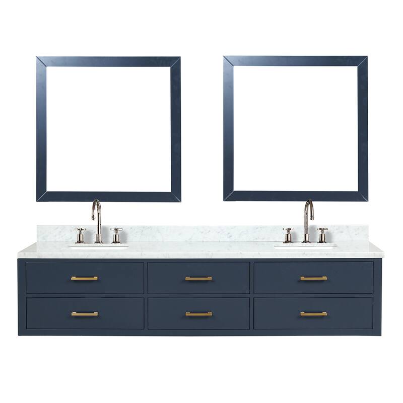 Lexora Castor Double Bath Vanity, Carrara Marble Top, Faucet Set, and Mirrors - 84 Inch - Blue