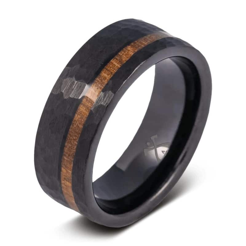 Manly Bands THE BISON Tungsten Black Plated with Inlay 8mm Hammered Band