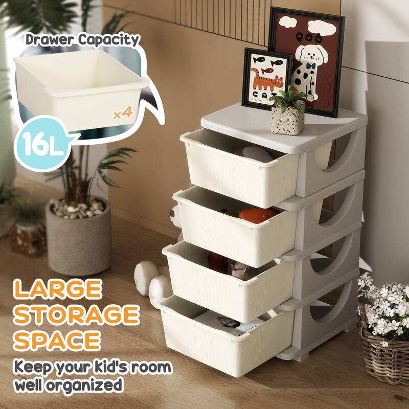 Qaba 4 Tier Kids Storage Unit, 4 Drawer Chest Toy Organizer Plastic Bins