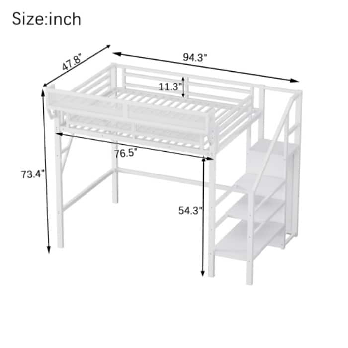 Twin Loft Bed with Stairs, Metal High Loft Bed with Storage Shelves & Wardrobe for Kids Teens