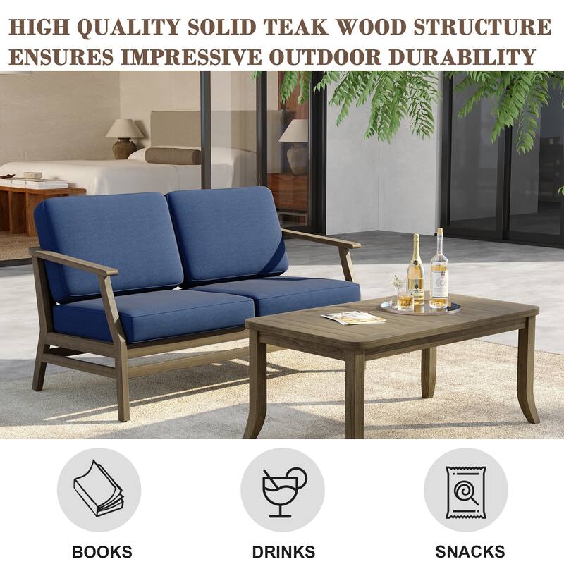 Outdoor Loveseat Sofa with Coffee Table Teak Wood Patio Furniture