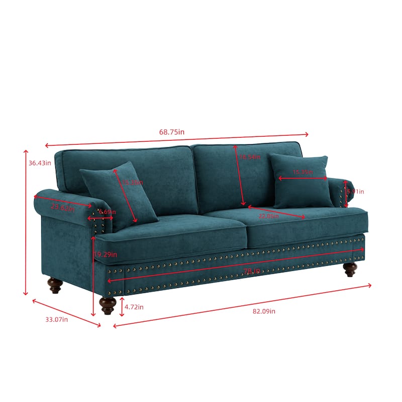 Luxurious Green Chenille Sofa with Rolled Arms and Brown Legs, Elegant Comfort for Any Room