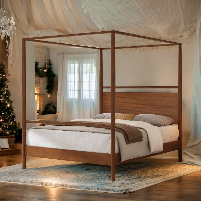 Full Queen King Mid Century Solid Wood Canopy Bed Frame Four Poster Bed with Headboard Bed Bath Beyond 41714854