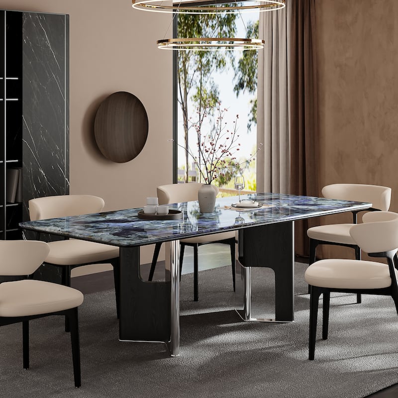 78.74"Modern Dining Table for 6-8,Glossy Sintered Stone Top, Blue - 78.74"