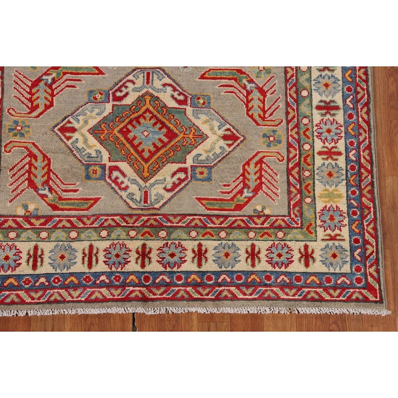 Geometric Brown Kazak Oriental Area Rug Handmade Wool Carpet - 4'0" x 5'10"